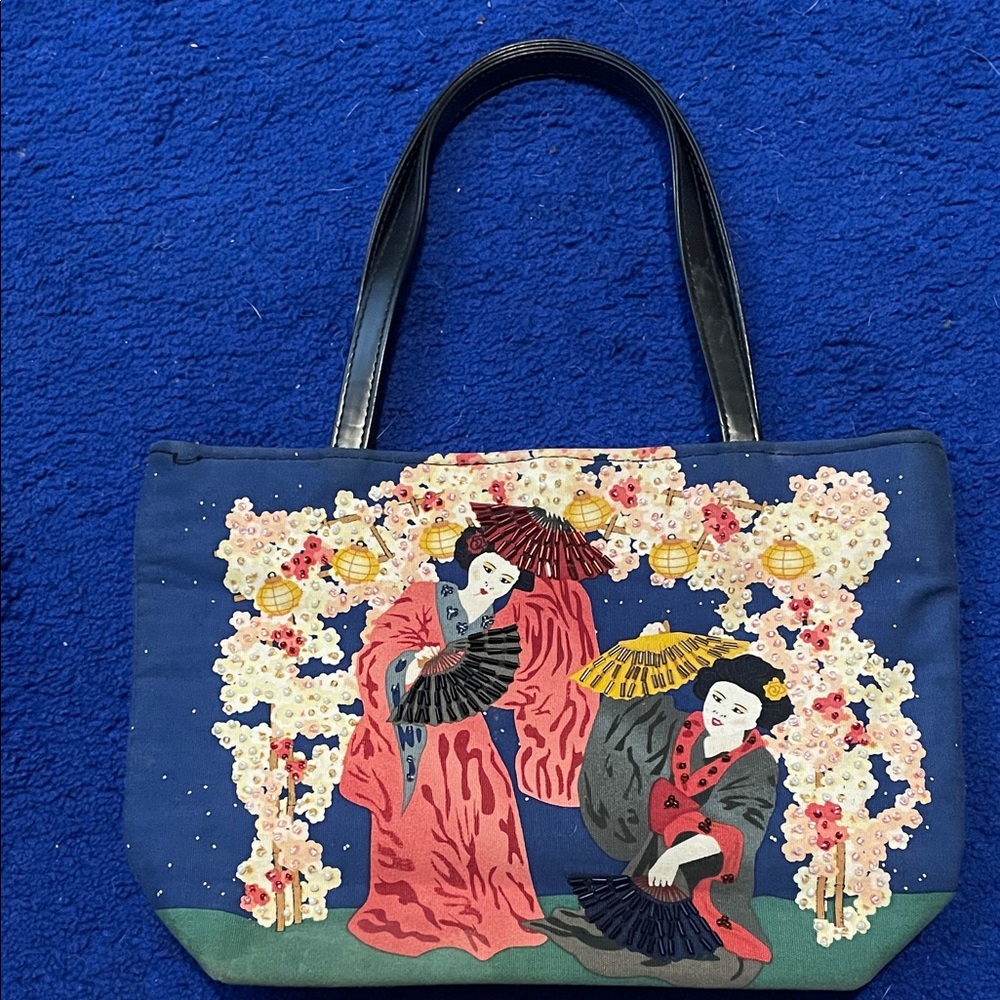 Artistic Blue Mini Bag with Geisha Design